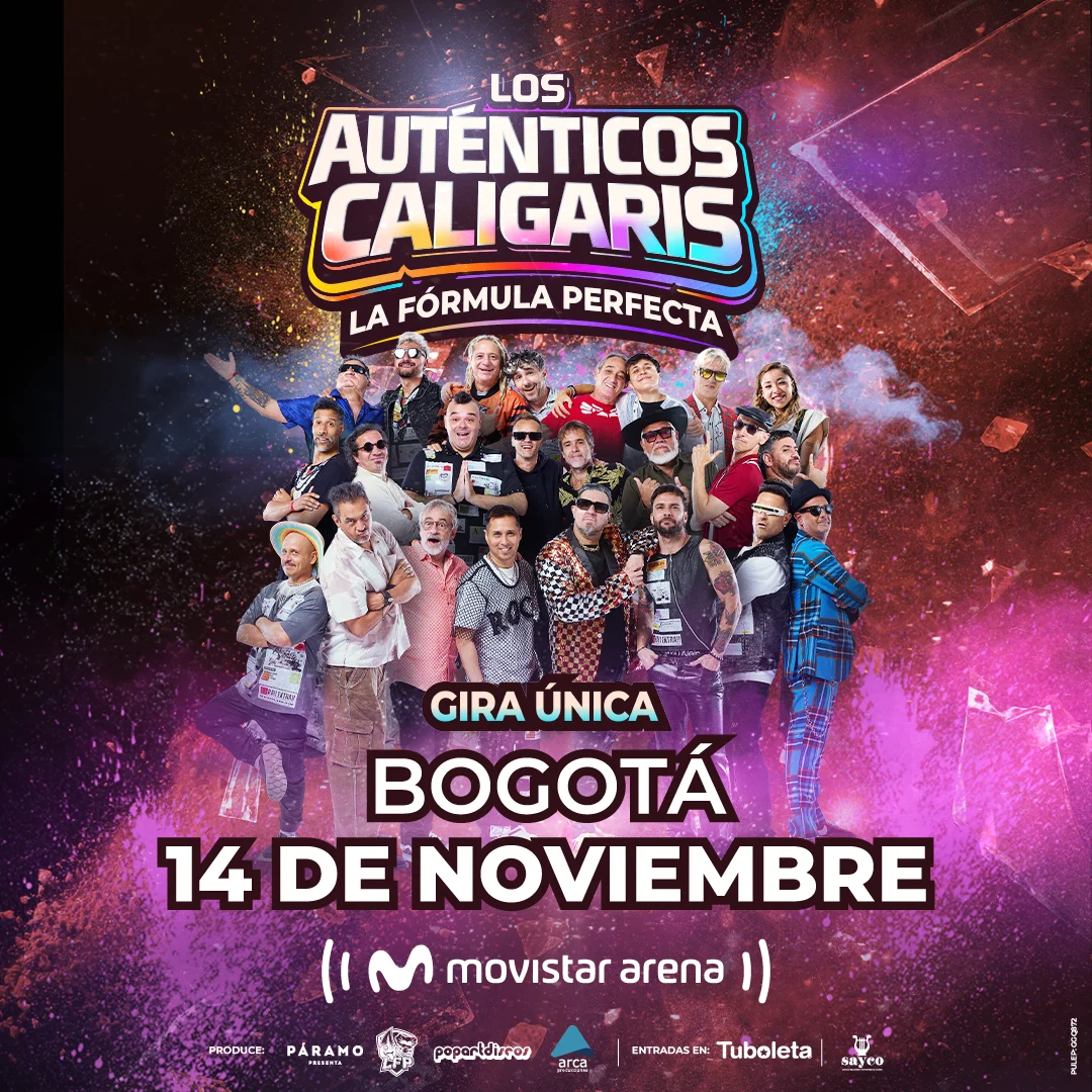 Afiche de Los Auténticos Decadentes y Los Caligaris, gira La fórmula perfecta, Bogotá 14 de noviembre