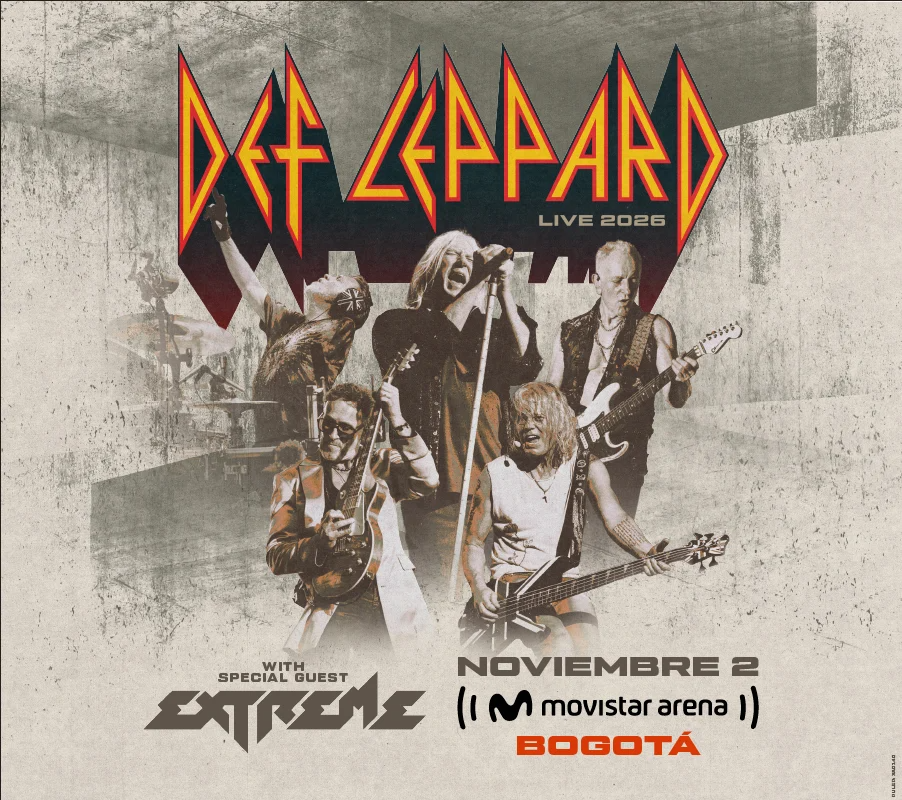 Afiche de Def Leppard Live 2026 con Extreme, 2 de noviembre, Movistar Arena Bogotá