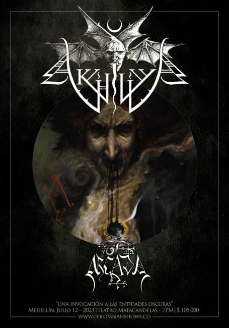 Flayer evento AKHLYS (USA) + ARCADA (PERÚ) EN MEDELLÍN