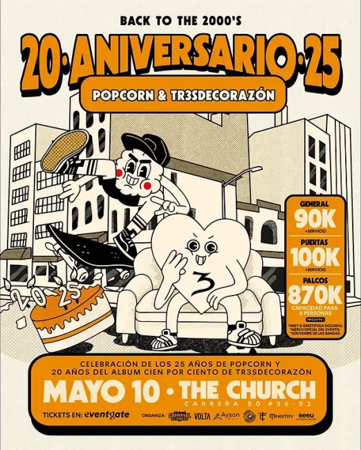 Flayer evento Pop Corn y Tr3sdeCoraZón Back to the 2000's
