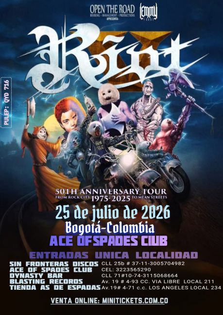Flayer evento RIOT V EN BOGOTA
